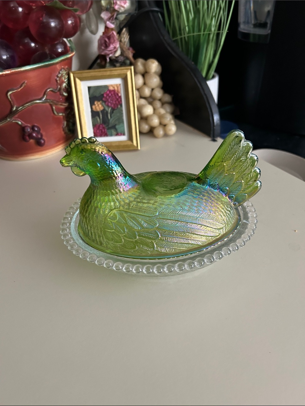 Indian Green Iridescent Glass Hen on Nest Decorative Dish
